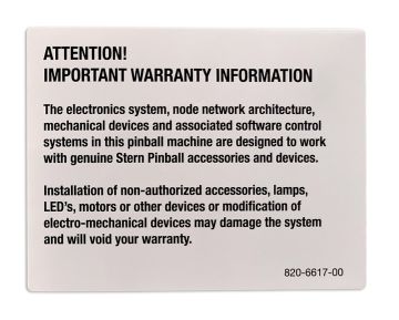 Stern Interior Backbox Warranty Information Decal 820-6617-00