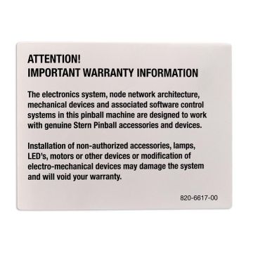Stern Interior Backbox Warranty Information Decal 820-6617-00
