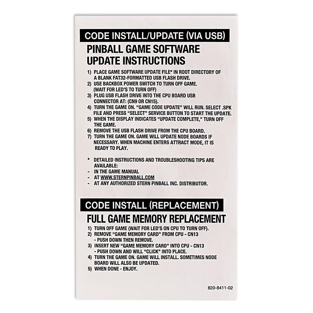 820-8411-02 Stern Interior Backbox Code Update Decal