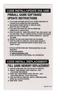 Stern Interior Backbox Code Update Decal 820-8411-02
