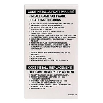 Stern Interior Backbox Code Update Decal 820-8411-02